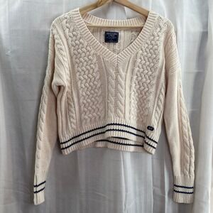 Abercrombie Fitch Cream Cable Knit V Neck Cropped Sweater Navy‎ Stripe S Y2K